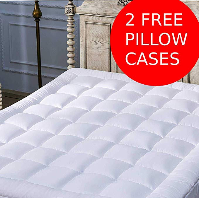 Mattress Topper Queen ❤ (2 Bonus Pillow Cases )❤ Plush Down Alternative Quilted Fitted Skirt Protector Mattress Pad Reviver Enhancer Deep Pocket Fits 8-21 Inches Hypoallergenic Soft White Bed Cover