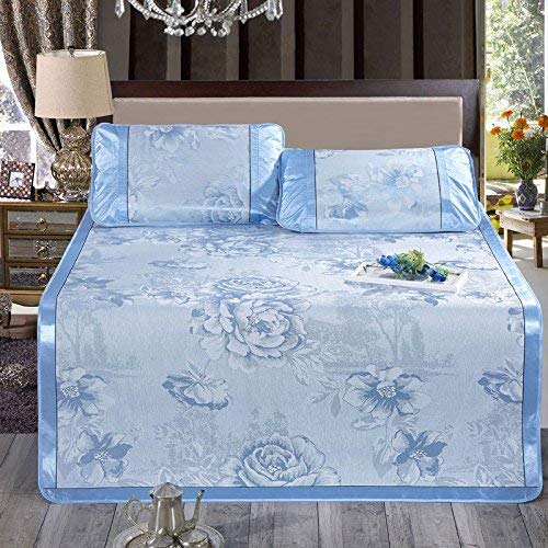 Zhiyuan Folding Non-Slip Jacquard Peony Silky Synthetic Rattan Mattress Top Mat & Pillowcases Set for Summer Night, Light Blue, Queen