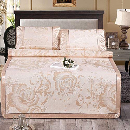 Zhiyuan Folding Non-Slip Jacquard Peony Little Flower Silky Synthetic Rattan Mattress Top Mat & Pillowcases Set for Summer Night, Light Gold, Queen